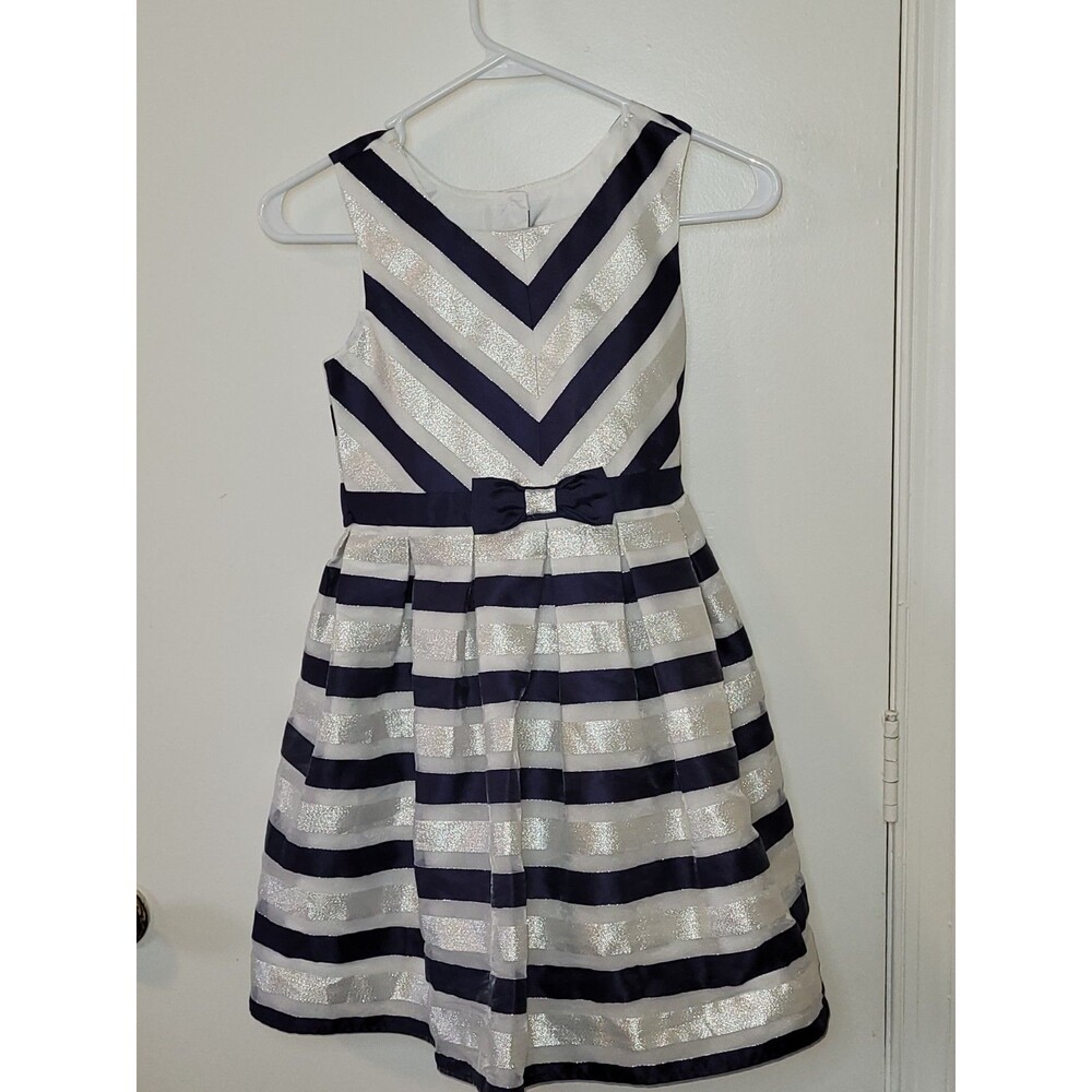 Girls Sz 8 Jona Michelle Formal Dress White Navy Silver